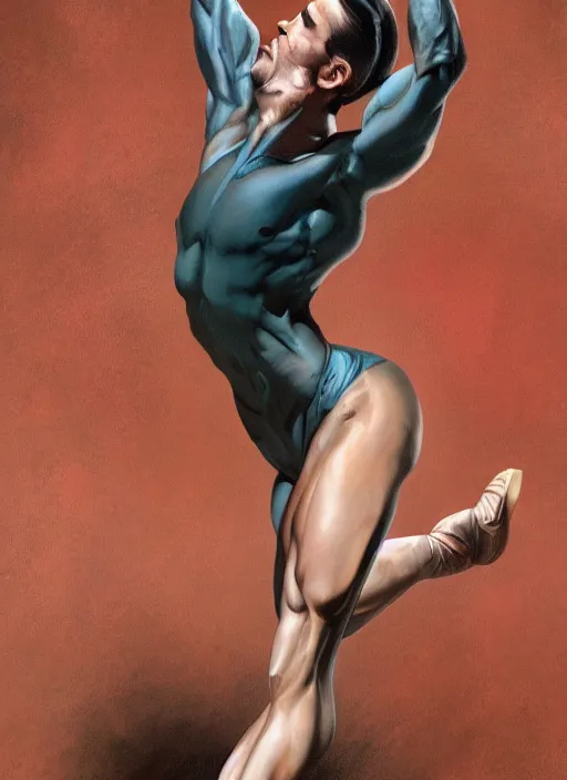 Image similar to muscular ballerina tight clothes that are tearing at the seams, digital painting, trending on artstation, 8 k wallpaper, frank frazetta, boris vallejo and julie bell