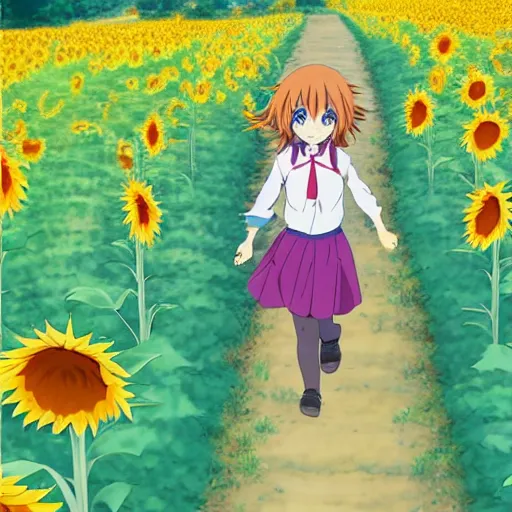 Image similar to Anime young girl in the style of Kyoto Animation running through a field of sunflowers