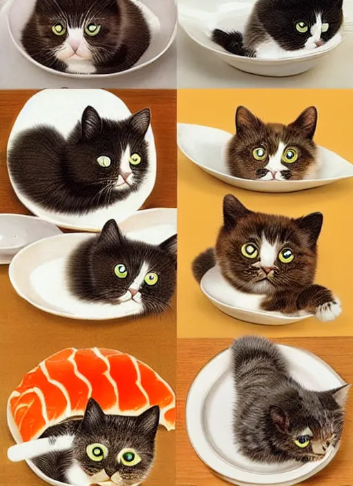 Image similar to clear photorealistic picture of adorable cats made out of sushi