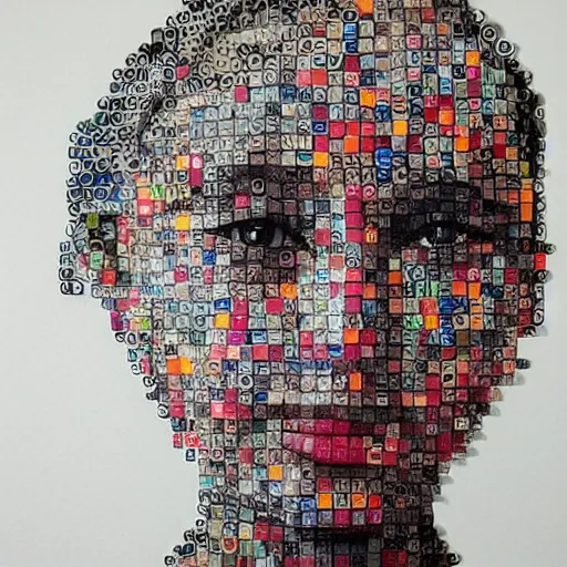 Image similar to beautiful portrait of a woman made from magazine clipplings, mcu, contrast, texture,