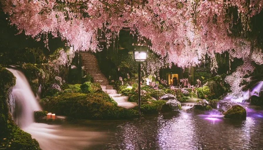 Prompt: a 35mm film still of a very surreal magical European hospital with a cafe in a lush waterfall garden, falling cherry blossoms pedals, in the style of Gucci and Wes Anderson glowing lights and floating lanterns, foggy atmosphere, rainy, moody, muted colors, magic details, very detailed, 8k, cinematic look