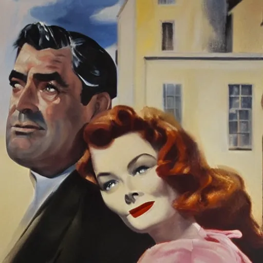 Prompt: an oil painting from a scene containing cary grant and kate hepburn in ‘ the philadelphia story. ’