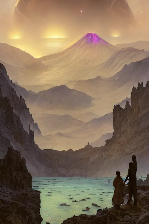 Prompt: Concept Digital Art Highly detailed Alien Deco, Riza 4, lake inside of mount Vesuvius with glowing purple water at midnight, starfleet shore leave, by greg rutkowski, alphonse mucha, and Edmund Blair Leighton. Very highly detailed 8K, exquisite rendering, octane, drum scanner, Digital painting, the golden ratio, rational painting, sharp