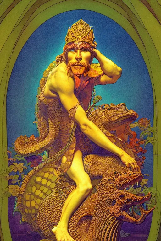 Image similar to beautiful crocodile headed god by maxfield parrish, mandala, coherent design, vivid colors, digital watercolor ink illustration painting, complementary color, golden ratio, detailed, sharp lines, sharp focus, intricate, rainbowshift, artgerm, gustave dore, alphonse mucha, octane render