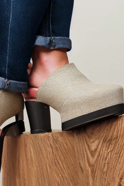 Image similar to close up of huge chunky platform mules worn by a slightly oversized girl, studio light