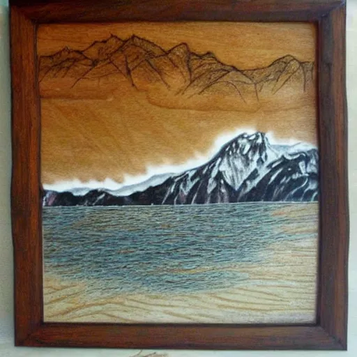 Prompt: lake surrounded by mountains (very beautiful, dreamy, poetic, melancholy ) :: pyrography