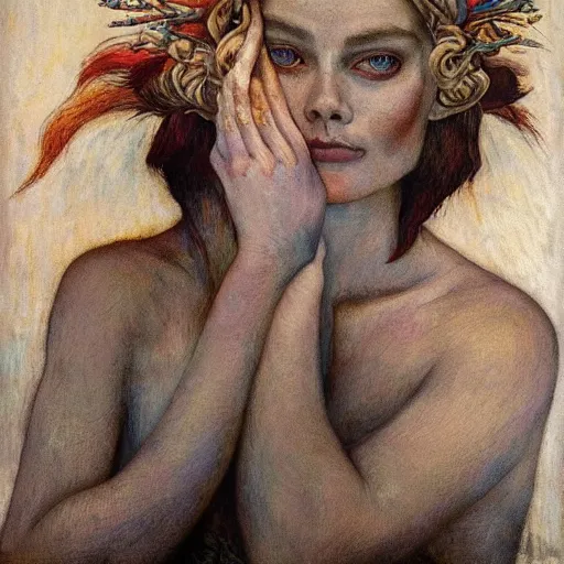 Prompt: weeping Margot Robbie wearing the bone crown, by Annie Swynnerton and Diego Rivera and Evelyn De Morgan, symbolist, dramatic lighting, elaborate geometric ornament, Art Brut ,god rays, soft cool colors,smooth, sharp focus, extremely detailed, Adolf Wölfli