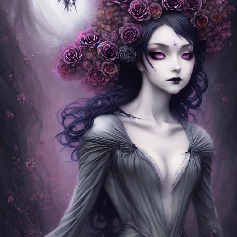 Image similar to stunning anime goddess hybrid of the floral river flowers, beautiful gothic dress in a dark romance, misty, by cgsociety, in the style of charlie bowater, tom bagshaw, intricate, beautiful, artstation 8 k, high resolutionsparkling atom fractals of jewls cords, by alex grey and hr giger