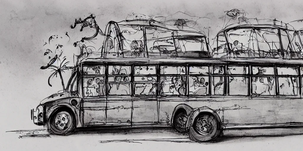 Prompt: bus with 8 decks driving through the desert in the style of ronald searle, illustration, painterly