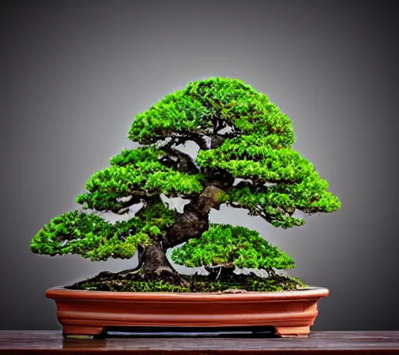 Prompt: Beautiful gorgeous intriguing fascinating amazing awe-inspiring wonderful mysterious interesting cool badass relaxing chill sweet peaceful comforting bonsai tree. Studio lighting. 4k. Award winning. Rule of thirds.