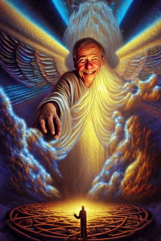 Prompt: a photorealistic detailed cinematic image of a man on his deathbed, body is weathered, assisted to the afterlife by iridescent angels. met by friends and family, overjoyed, emotional, compelling, by pinterest, david a. hardy, kinkade, lisa frank, wpa, public works mural, socialist