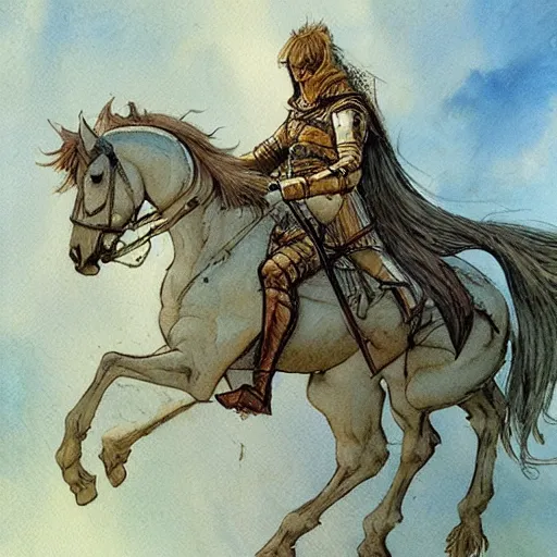 Image similar to a realistic and atmospheric watercolour fantasy concept art of a knight on a white horse, muted colors. by rebecca guay, michael kaluta, charles vess and jean moebius giraud,