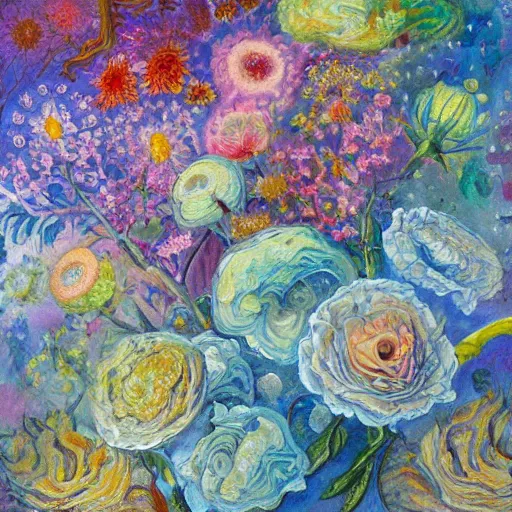 Image similar to This painting is a large canvas, covered in a wash of color. In the center is a cluster of flowers, their petals curling and twisting in on themselves. The effect is ethereal and dreamlike, and the overall effect is one of serenity and peace. black, Baroque, Stranger Things by Sven Nordqvist, by Randolph Caldecott, by Matti Suuronen fantastic, control the soul