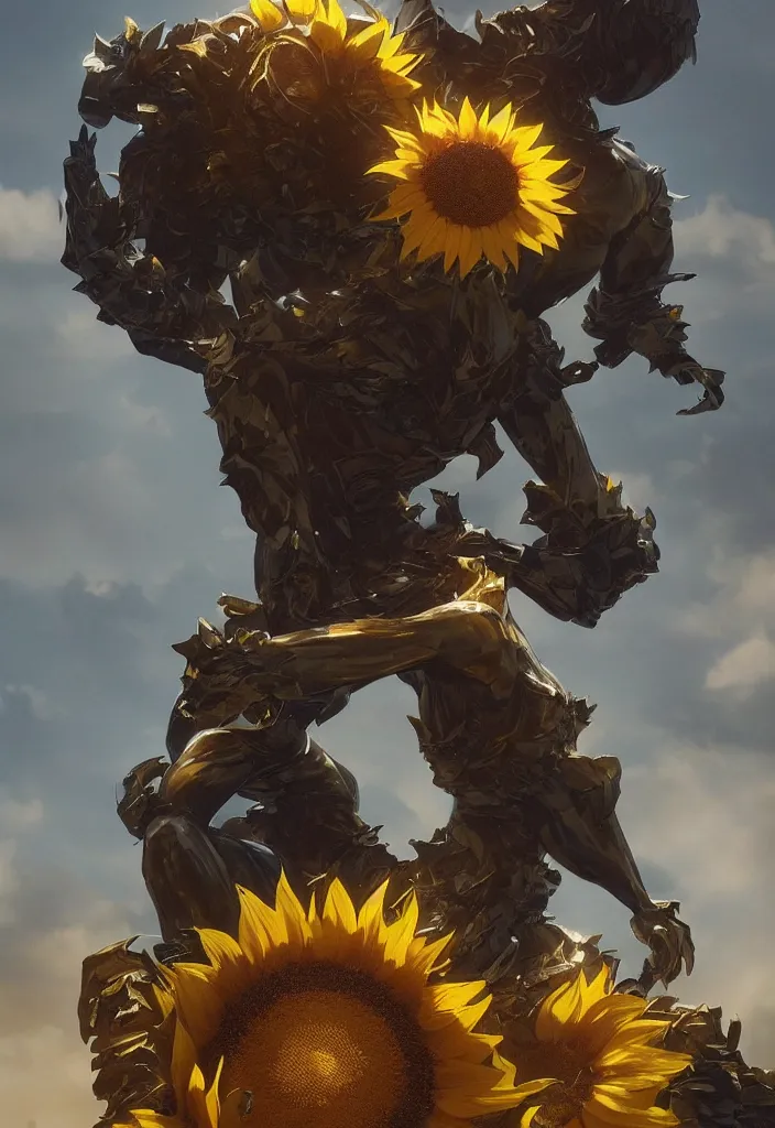 Prompt: sunflower statue by greg rutkowski, sung choi, mitchell mohrhauser, maciej kuciara, johnson ting, maxim verehin, peter konig, 8 k photorealistic, cinematic lighting, hd, high details, dramatic, atmosphereric, trending on artstation