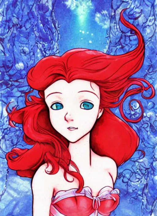 Image similar to portrait of ariel from the little mermaid in yoshitaka amano style