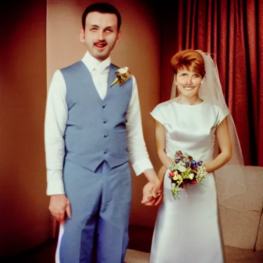 Prompt: alien groom celebrates soviet wedding, top secret style, realistic photo, cinestill 8 0 0 t, 1 9 7 0 s, color
