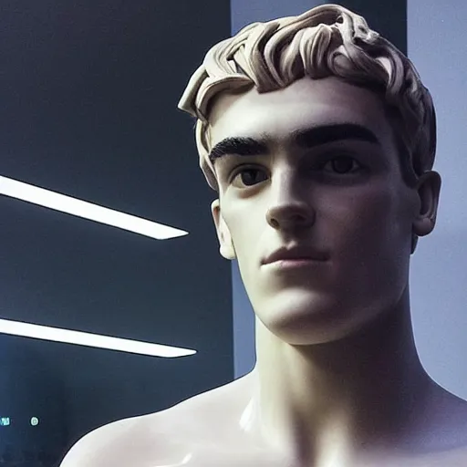 Image similar to “ a realistic detailed photo of a guy who is an attractive humanoid who is half robot and half humanoid, who is a male android, soccer player antoine griezmann, shiny skin, posing like a statue, blank stare, at the museum, on display ”