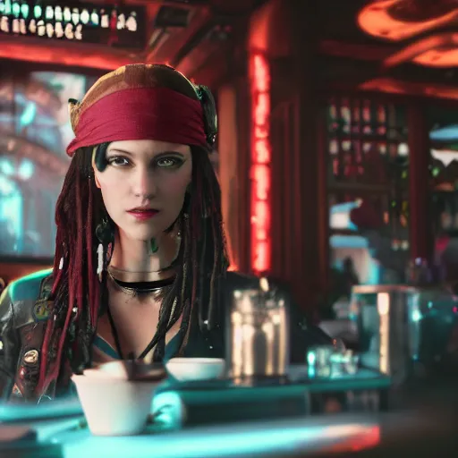 Image similar to a high quality portrait of a beautiful female pirate in a cyberpunk cafe realism 8k