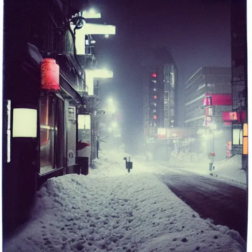 Image similar to atmospheric polaroid photo of a snowy tokyo street at night