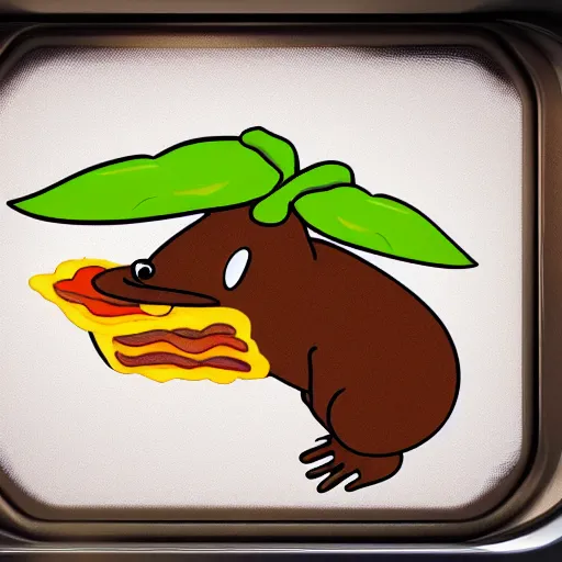 Image similar to platypus wearing a chef hat while putting a lasagna in an oven, with three basil leaves over the lasagna