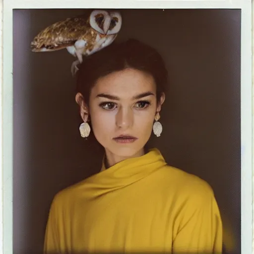 Prompt: head to shoulder portrait Polaroid film photograph of an elegant top model wearing a yellow kimono with a very detailed barn owl on her shoulder!!! in a tropical greenhouse. looking at the camera!!. super resolution. Polaroid 600 film. art by Alessio albi and john william waterhouse and John Singer Sargent and jules lefebres and Cristina Fontsare