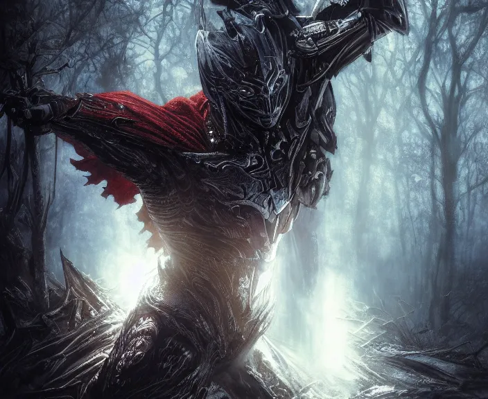 Image similar to 5 5 mm close up portrait photo of an armored biomechanical demonic superman looking at the camera, in a magical forest. dark atmosphere. art by greg rutkowski and luis royo. highly detailed 8 k. intricate. lifelike. soft light. nikon d 8 5 0.