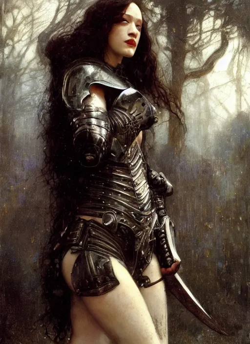 Image similar to short muscular young kat dennings wearing black medieval armour, bare legs, detailed, by gaston bussiere, bayard wu, greg rutkowski, giger, maxim verehin, greg rutkowski, masterpiece, sharp focus, cinematic lightning