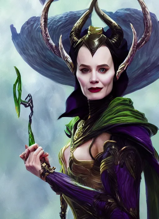 Prompt: loki as maleficent, naturel, hyper detailed, digital art, trending in artstation, cinematic lighting, studio quality, smooth render, unreal engine 5 rendered, octane rendered, art style by klimt and nixeu and ian sprigger and wlop and krenz cushart