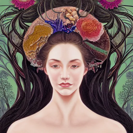 Prompt: facial portrait of a young pretty woman in flowing dress, arrogant, mysterious, long fine flowing hair, delicate, looking at camera, slightly awkward smile, realistic face, hands behind back, intricate, stylish, elegant, grimdark fantasy, flowers, extremely detailed painting inspired by Gerald Brom and Ernst Haeckel and Greg Rutkowski