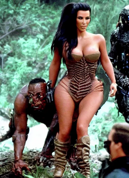 Image similar to film still of kim kardashian being held up in the air by predator in the movie predator.