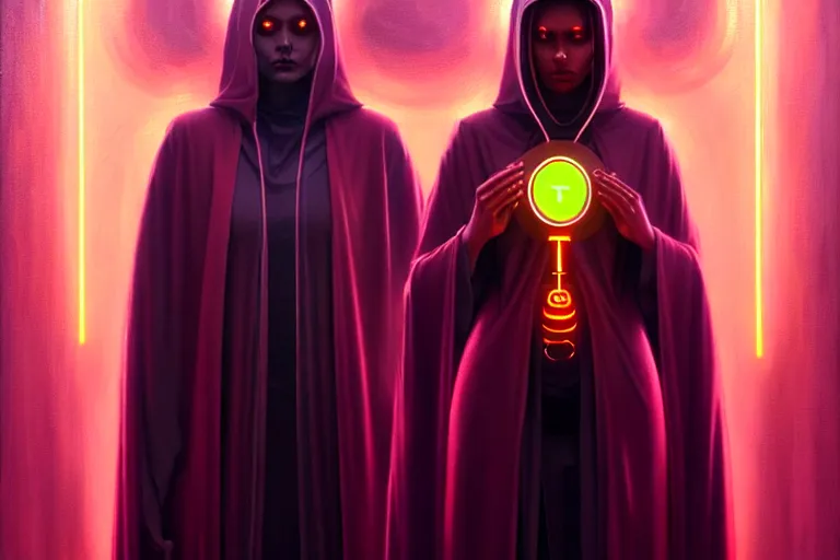 Image similar to patron saint 👩🏾 praying with machine, futuristic long robes clothing, worm hole, neon god of city character portrait, in the style of moebius, wlop, tom bagshaw, and waterhouse, cinematic lighting, beautiful, elegant, oil painting,