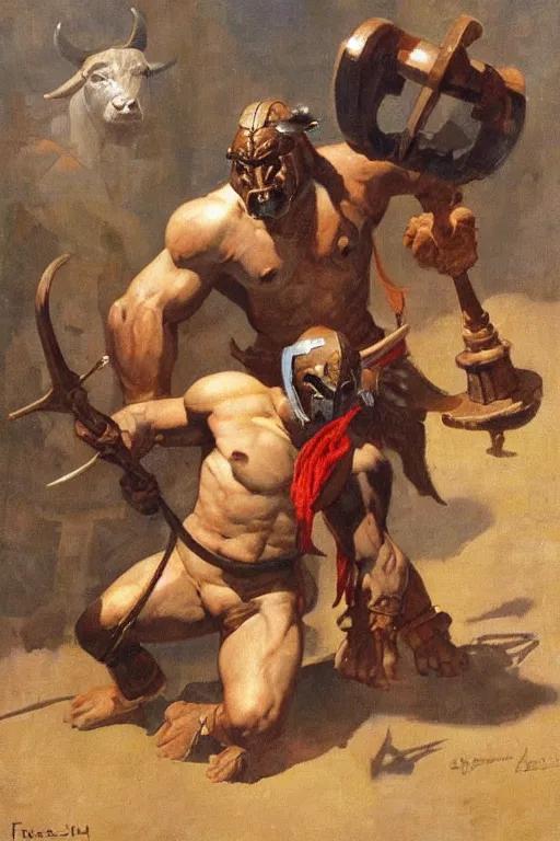 Image similar to a minotaur wearing a steel chestplate and holding a mace, human dressed as a bull, painting by frank frazetta