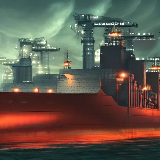 Image similar to photo of Immense industrial futuristic cargo ship arrives at cyber punk city sea port, cinematic lighting, photo