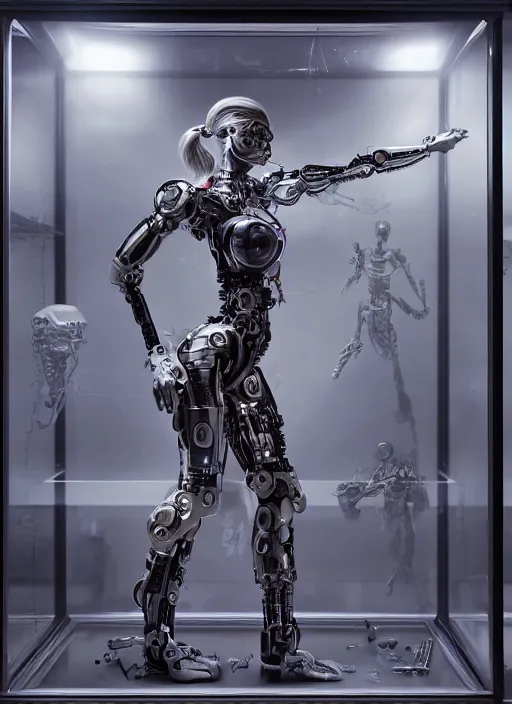 Prompt: Ultra realistic full shot of a cyborg woman in a glass case with a mechanical arms that fix it, electrical cables , tubes , chromed tubes,gotic, cyberpunk,sci-fi, fantasy,Kodak , soft light, volumetric lighting, ,night, fog ,smoke, intricate, elegant, highly detailed, digital painting, artstation, concept art, smooth, sharp focus, illustration,art by artgerm and greg rutkowski and alphonse mucha