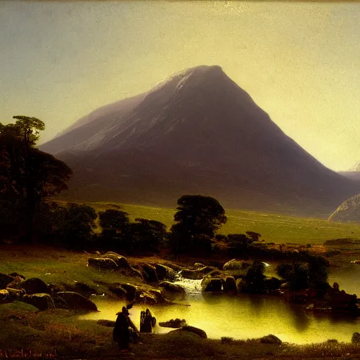 Image similar to painting of the mountains of mourne in ireland by albert bierstadt