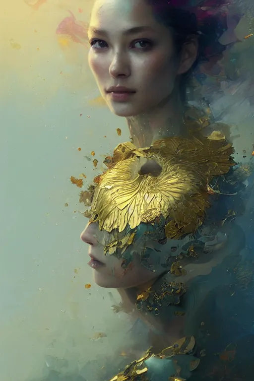 Image similar to face closeup of beautiful girl in intricate detailed color smashing fluid oilpaint, 3 d render, hyper realistic detailed portrait, gold leaves, ruan jia, wlop. scifi, fantasy, hyper detailed, octane render, concept art, by peter mohrbacher, by wlop, by ruan jia