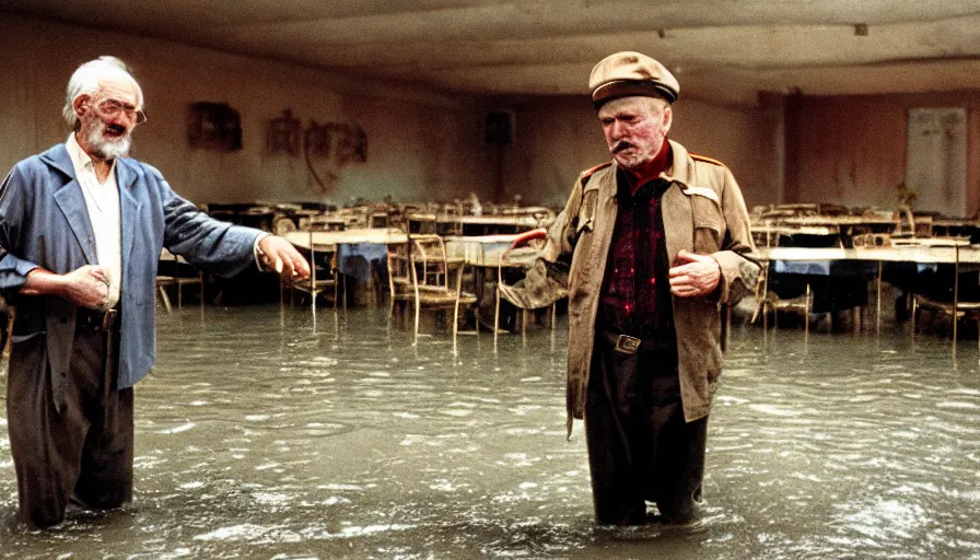 Prompt: 7 0 s movie still of an old manstanding in a soviet stalinist style ballroom flooded in mud, cinestill 8 0 0 t 3 5 mm eastmancolor, heavy grain, high quality, high detail