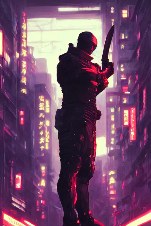 Image similar to portrait of ninja slayer, japan, in cyberpunk, neon lighting, night city, digital art from artstation by Ruan Jia and Mandy Jurgens and Artgerm and william-adolphe bouguereau and Greg Rutkowski