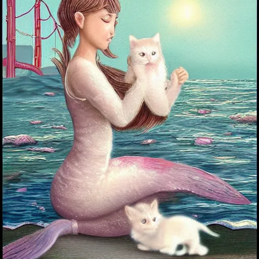 Image similar to a mermaid at the wharf in San Francisco meets a small white kitten, fantasy illustration,