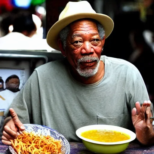 Image similar to morgan freeman as bakso seller