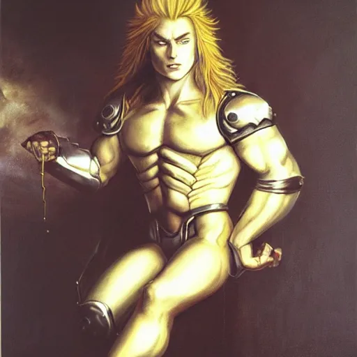 Prompt: oil painting of a pale menacing dio brando with long blond hair and piercing eyes, genetically augmented super soldier, tall jagged black plate armor creeping darkness, by rembrandt