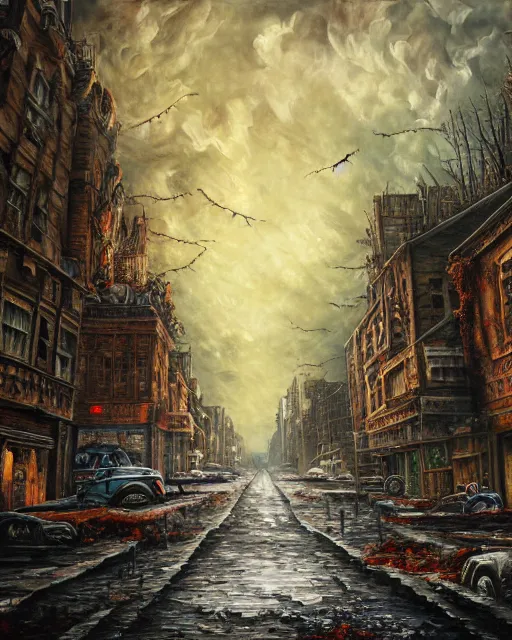 Image similar to oil painting landscape of a zombie apocalypse city, high production value, intricate details, high resolution, hdr, high definition, masterpiece, realistic, ultrarealistic, highly detailed, hd, sharp focus, non blurry, sharp, smooth