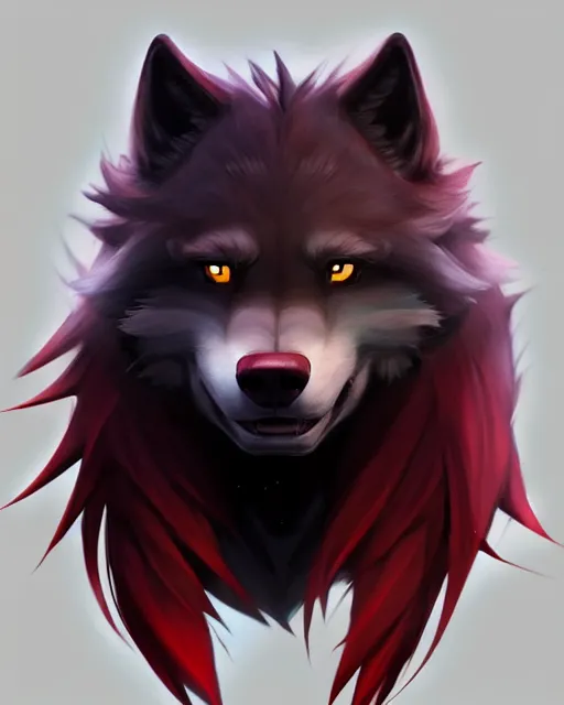 Image similar to character concept art of a black anthropomorphic male furry wolf long red hair | | cute - fine - face, pretty face, key visual, realistic shaded perfect face, fine details by stanley artgerm lau, wlop, rossdraws, james jean, andrei riabovitchev, marc simonetti, and sakimichan, trending on artstation