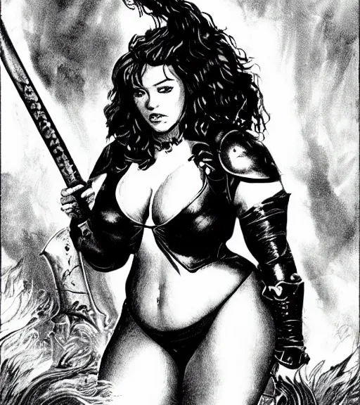 Image similar to 1 9 8 0 s fantasy novel book cover, bbw plus size amazonian emma stone in extremely tight bikini armor wielding a cartoonishly large sword, exaggerated body features, dark and smoky background, low quality print