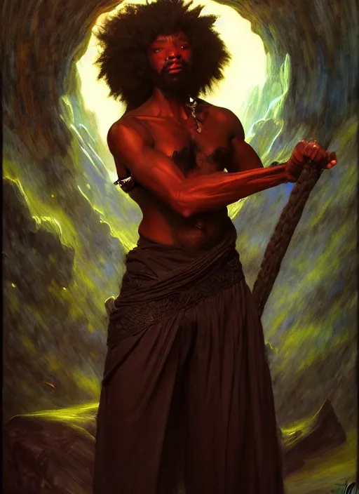 Image similar to african american wizard, full body, hyper realistic, extremely detailed, dnd character art portrait, dark fantasy art, intricate fantasy painting, dramatic lighting, vivid colors, deviantart, artstation, by edgar maxence and caravaggio and michael whelan and delacroix.