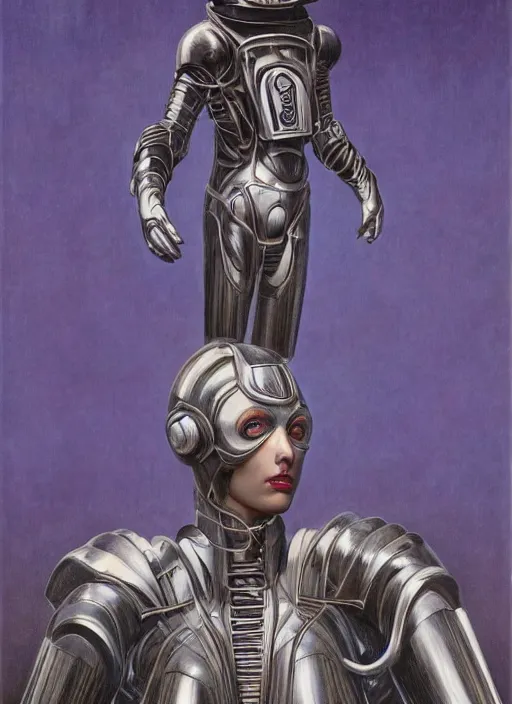 Image similar to full body portrait of beautiful gothic and futuristic fashion model, elegant space armour, cyber armour, highly detailed, artstation, illustration, composition, 8 k quality, art by jean delville, rene magritte, hyperrealism oil painting