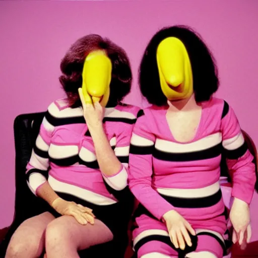 Image similar to 1982 twin women on tv talk show wearing an inflatable long prosthetic snout nose made of gooey pink slime, soft color wearing stripes sitting on vinyl chairs, pink slime everywhere, studio lighting 1982 color film archival footage 16mm John Waters Russ Meyer Almodovar Doris Wishman