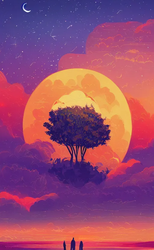 Image similar to a beautiful illustration of the sun king at night, art of alena aenami, featured on artstation, vertical orientation, paint brush strokes, expressionism, brushstroke - laden, breathtaking clouds, birds, ocean, beautiful stars, long exposure, big moon radius, airy midnight theme, blue purple gradient, lens flare