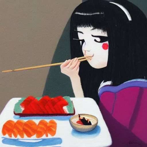 Image similar to Angry girl eats sushi while her jealous cat is watching, painting by Yoshitomo Nara