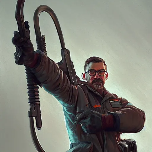 Image similar to gordan freeman from half - life holding a crowbar, intricate, highly detailed, digital painting, trending on artstation, concept art, smooth, sharp focus, illustration, unreal engine 5, 8 k, art by artgerm and greg rutkowski and alphonse mucha